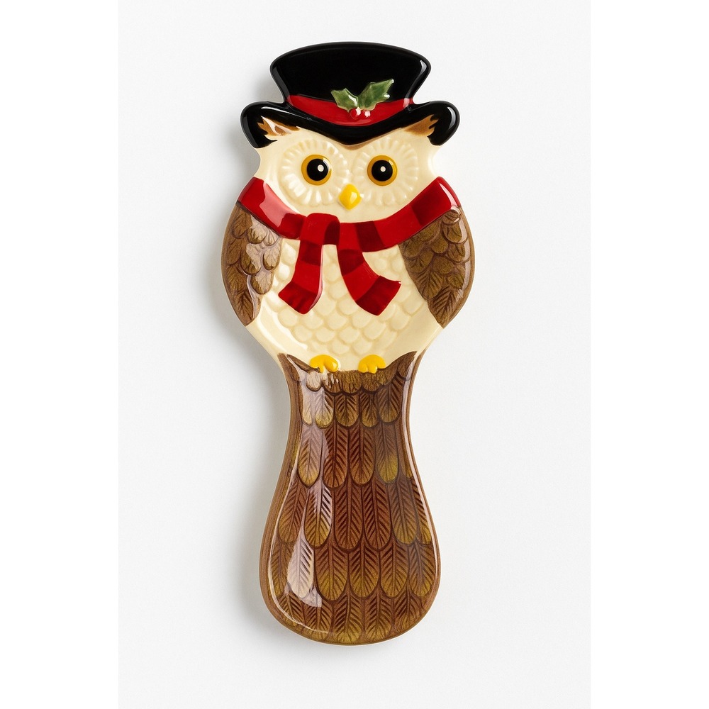 Cracker Barrel Owl Spoon Rest Christmas Holiday Stoneware Top Hat‎ Red Scarf